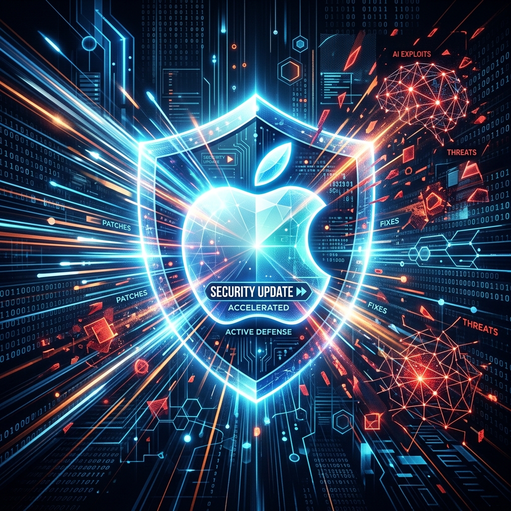 Apple logo fading into digital code representing AI-driven security updates