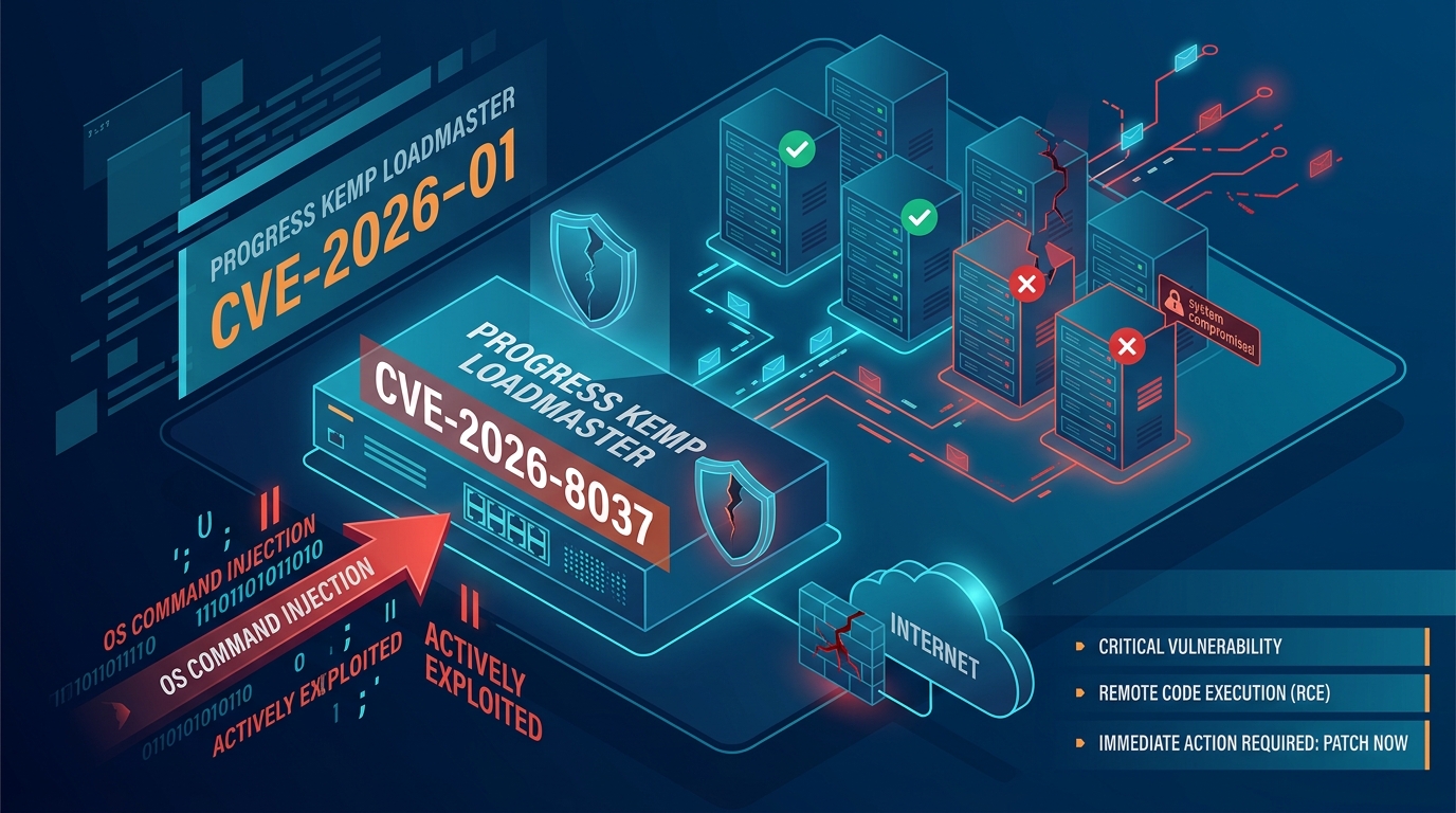 Diagram illustrating the CVE-2026-8037 command injection attack flow on Kemp LoadMaster via the accessv2 endpoint