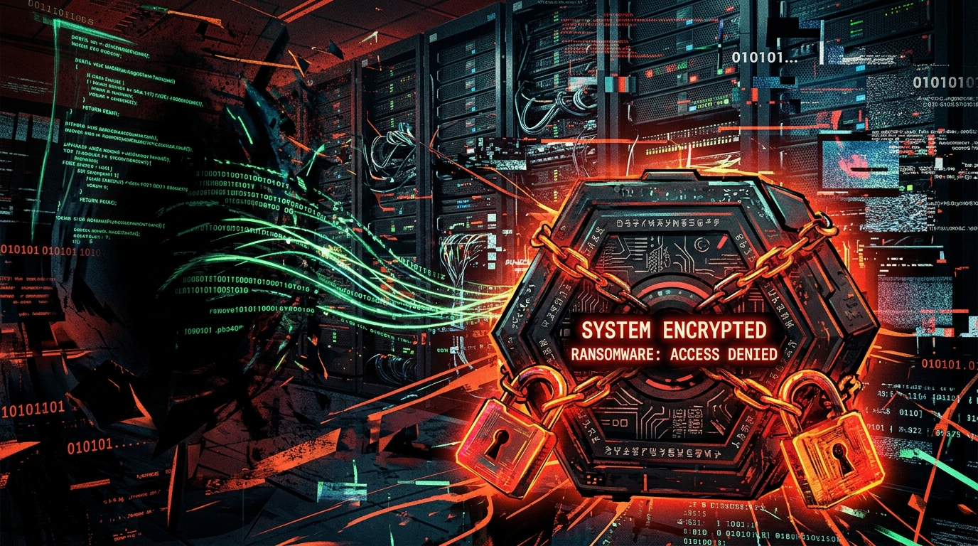 Cybersecurity illustration depicting the Genesis group ransomware attack compromising SBI Software supply chain infrastructure
