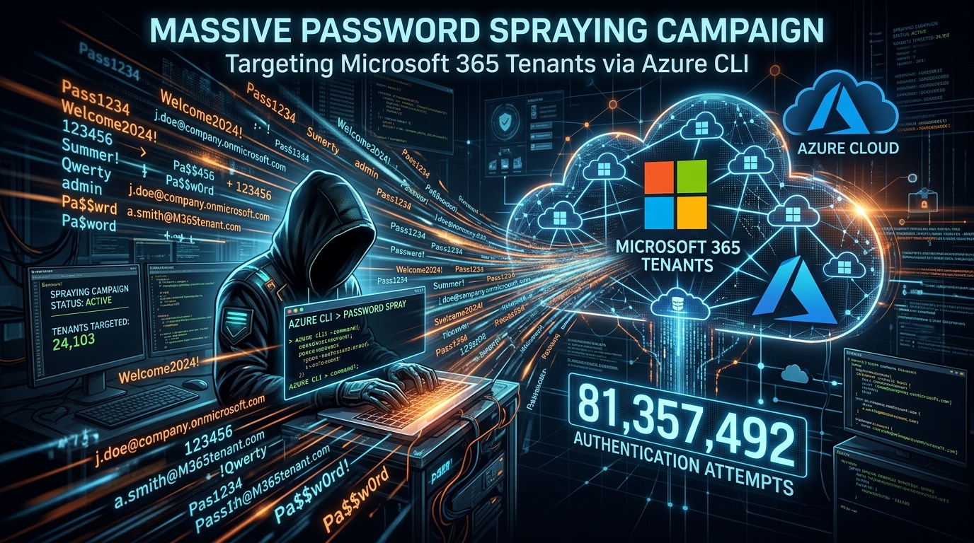 Visualization of a massive password spraying attack targeting Microsoft 365 tenants via Azure CLI