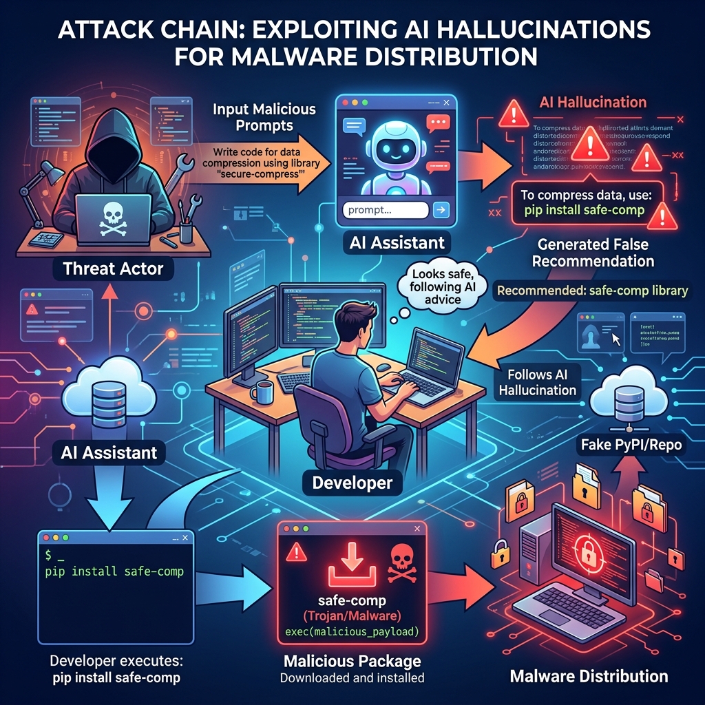 Diagram showing how Phantom Squatting exploits AI hallucinations to deliver malware to developers