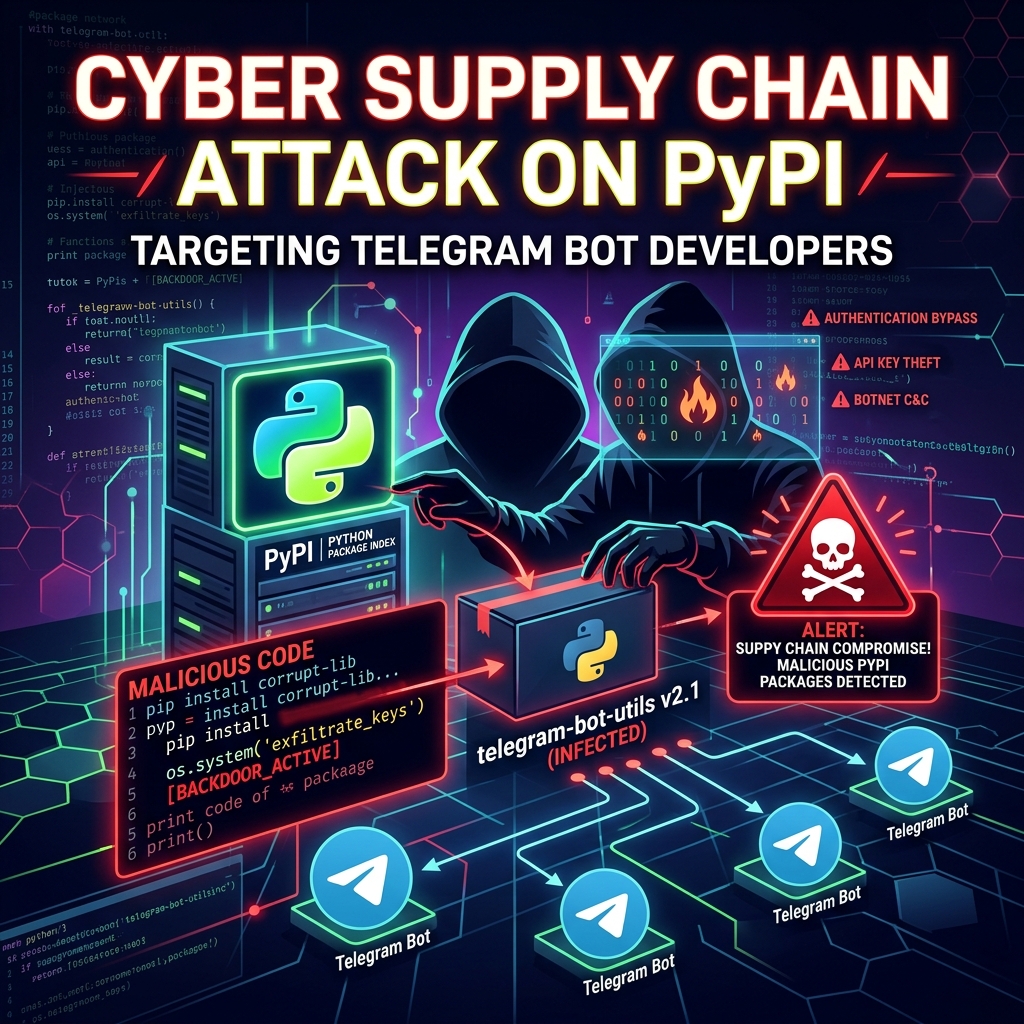 Illustration of a malicious PyPI package supply chain attack targeting a Telegram bot developer server