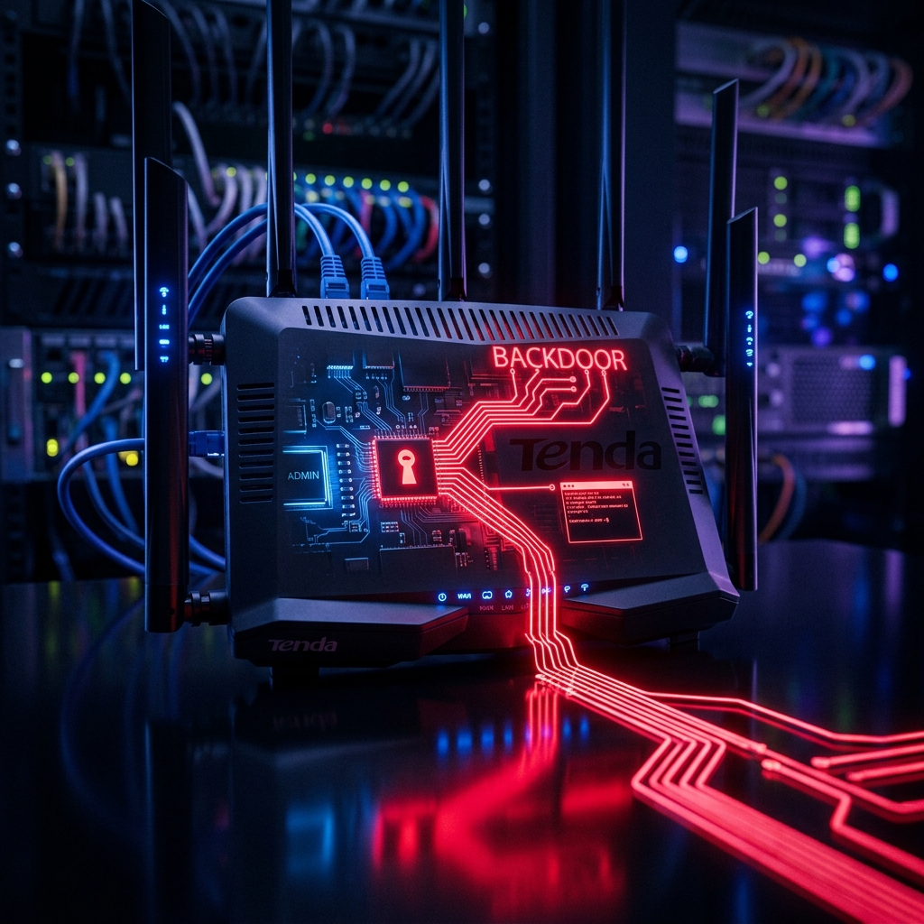 A glowing network router illustrating the severe Tenda edge device threat and the CVE-2026-11405 backdoor vulnerability